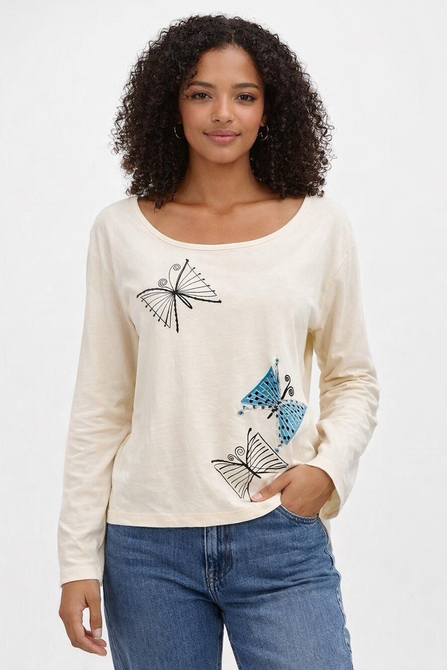 Michael Simon Cream Butterfly Embroidered Top Fairy Y2K Cotton Womens XL